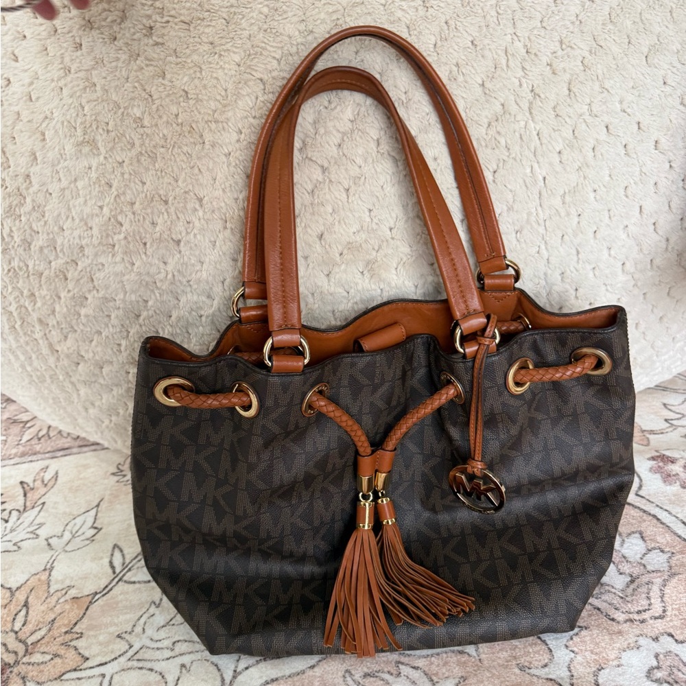 Michael Kors Brown MK Monogram Drawstring Shoulder Bag with Tan Accents